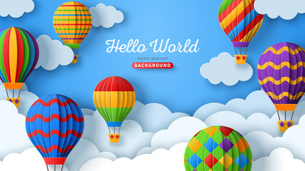 Beautiful fluffy clouds on blue sky background with colorful hot air balloons. Vector illustration. Paper cut style. Place for text. Travel and adventure concept © kotoffei
