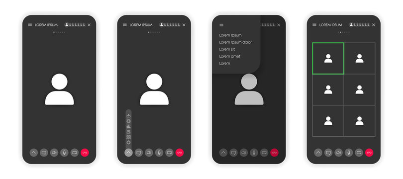 Call mobile four screen template on window browser or app. Video chat or meeting or conference. Mockup UI, UX interface. Vector.