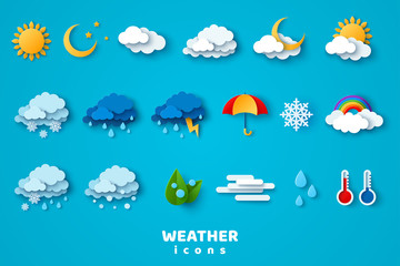 Paper cut weather icons set on blue background. Vector illustration. White clouds, dew on leaves, fog sign, day and night for forecast design. Winter and summer symbols, sun and thunderstorm stickers. - obrazy, fototapety, plakaty