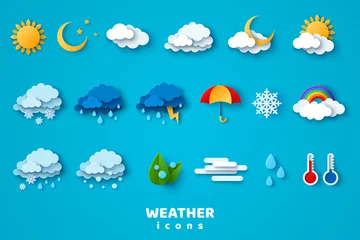 Fotobehang Paper cut weather icons set on blue background. Vector illustration. White clouds, dew on leaves, fog sign, day and night for forecast design. Winter and summer symbols, sun and thunderstorm stickers. © kotoffei
