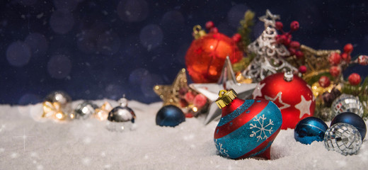 Merry Christmas and Happy New Year, Holidays greeting card with blurred bokeh background