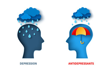 Mental health, antidepressants and depression psychology concept. Vector illustration. Blue man head silhouette isolated on white background for psychotherapy design. Rain and umbrella.