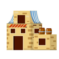 Arab house. Medieval stone building in middle East. Element of old city and landscape. Brown walls. Cartoon flat illustration. Barrel, canopy, window and door