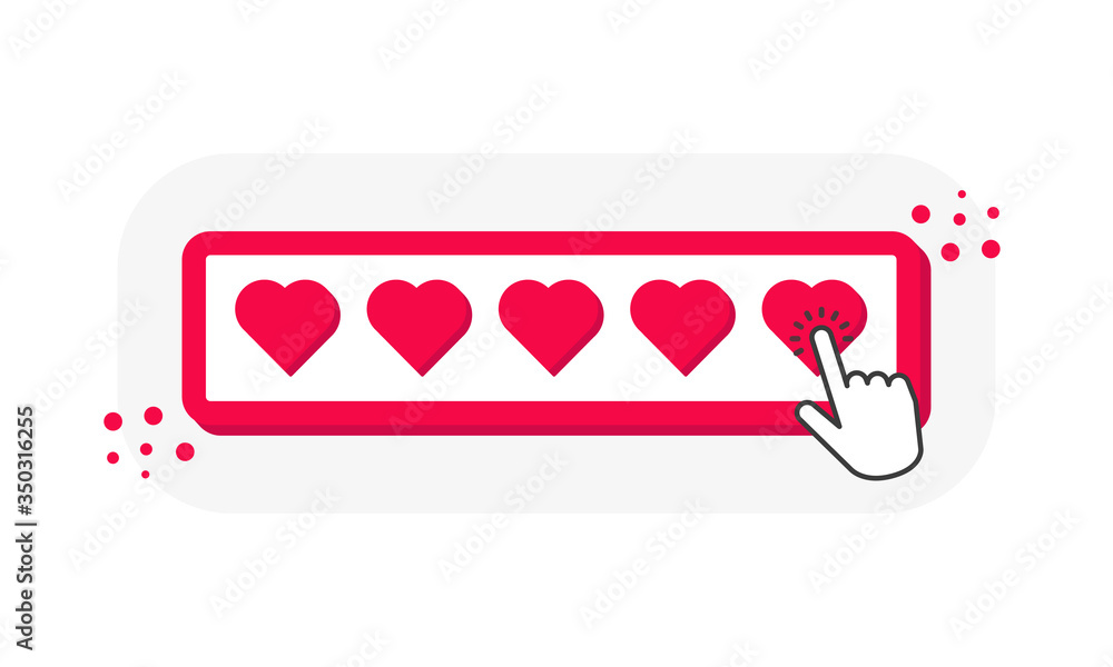 Poster five heart 3d icons ratings, 5 heart shape with finger pointer isolated on white background. vector