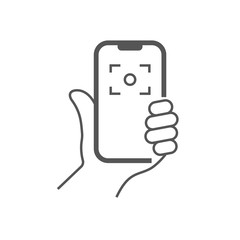 The hand hold the smartphone and doing selfie. Photo on smartphone. Editable Stroke. EPS 10