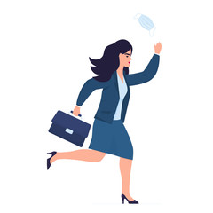 Business woman in a suit and with a briefcase in a hurry to work to office after quarantine. Girl runs and throws out a protective medical mask