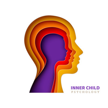 Inner child psychology concept. Man's head with age layers in realistic paper cut style. Vector illustration. Colorful papercut human silhouette isolated on white background for psychotherapy design.