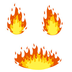 Red flame set. Cartoon flat illustration. Fireman's job. Dangerous situation. Fire element. Part of bonfire with heat