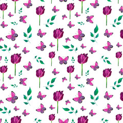 Watercolor spring pattern purple Tulip and butterflies. Suitable for registration of invitations to a wedding, celebration, for website design