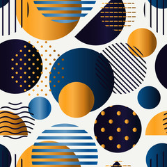 Circle, polka dot seamless pattern. Mixed texture irregular chaotic shapes print. Memphis stile geometric background