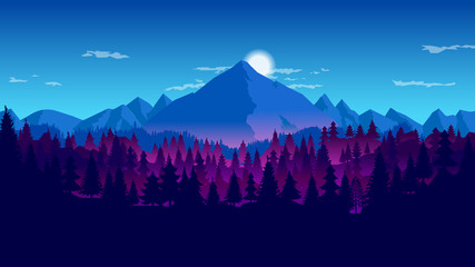 Cool Misty Forest Sunrise or Sunset over Mountains Wallpaper Background