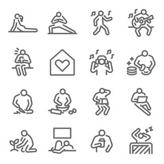 Stay at home icon set vector illustration. Contains such icon as Relax, Home cooking, Sleeping, Working from home, Plant, Yoga, and more. Expanded Stroke