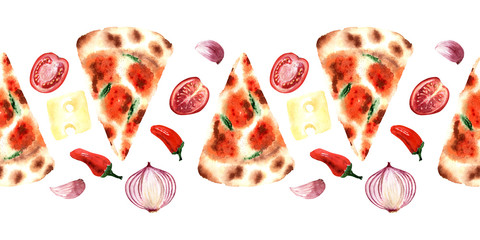 Watercolor seamless border with various types of fresh pizza. Ingredients in detail
