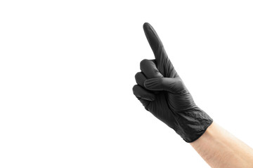The hand in a black medical, latex gloves isolated on white gesturing one 1. Signs of gestures (language).