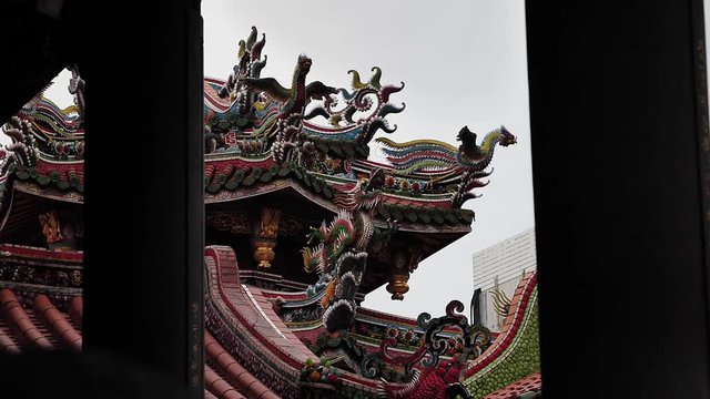 Chinese decoration roofs of Longshan Temple, Taipei, Taiwan.
High angle, traveling movement, slow motion, HD.