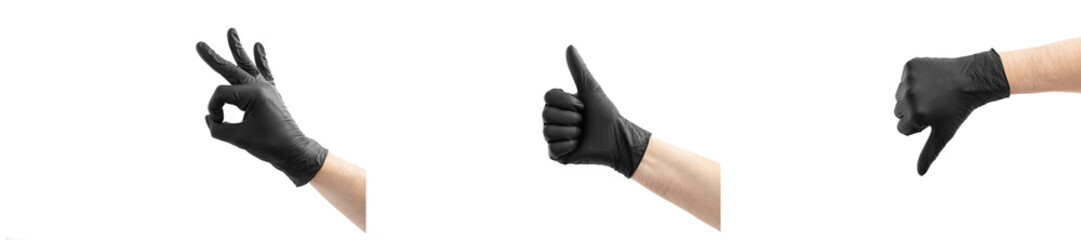Hand with black medical, latex gloves isolated on white gesturing thumbs up,thumbs down, ok, yes, positive. Signs of gestures (language).