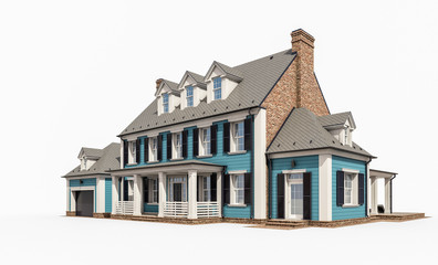 3d rendering of modern cozy classic house in colonial style with garage and pool for sale or rent. Isolated on white.