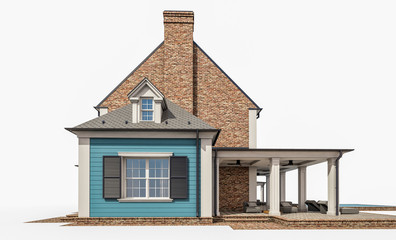 3d rendering of modern cozy classic house in colonial style with garage and pool for sale or rent. Isolated on white.