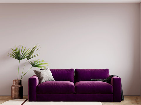 3d render living room with a bright sofa in purple velor. accent textiles. Plant in a copper vase. Soft beige carpet. Lilac tones. Beige pink paint