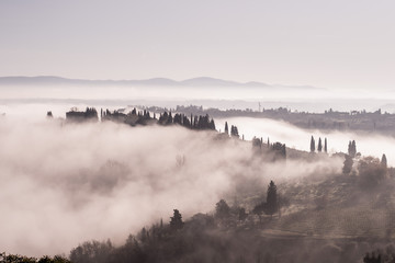 misty morning in the mountains, villages Italy