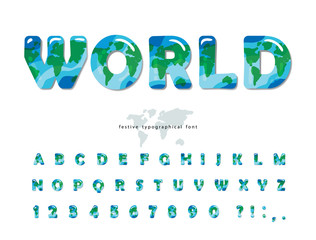 Planet Earth modern font. World map ABC letters and numbers isolated on white. Creative alphabet for environment, ecology, travel design. Vector