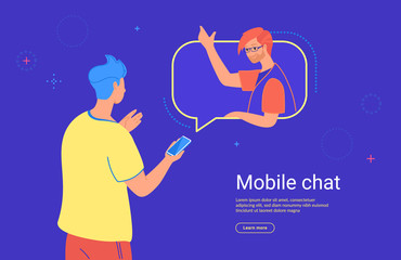 Social media mobile chat and communication. Concept flat vector illustration of teenage man using mobile smartphone witn messenger app for texting his friend or doing video call. 