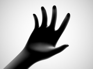 Fototapeta na wymiar 3D black open palm offering something. Concept of charity, care and support. Vector illustration of inviting gesture. Black hand giving out something on white background.