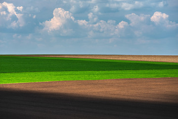 panoramic view to geometric lines of spring fields with light, shadows and clouds with copy space