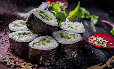 Vegetarian Sushi rolls with cucumber in plate