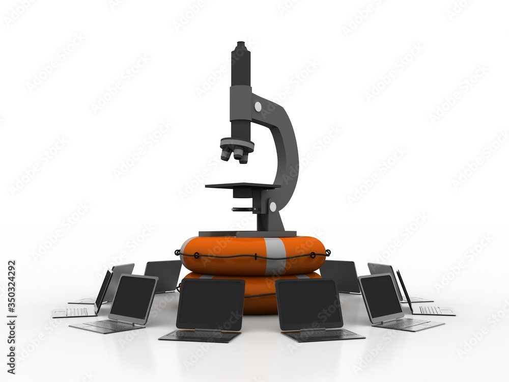 Poster 3d rendering technology computer network with microscope