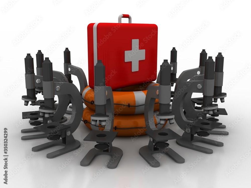 Poster 3d rendering microscope with first aid box