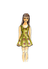 Cute girl in a summer green dress with long hair isolated on white background. Watercolor hand painted illustration in cartoon style.