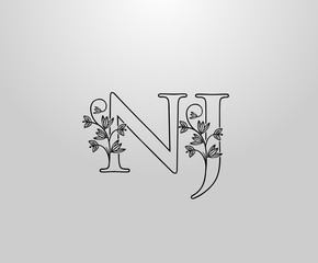 Beautiful N, J and NJ Letter logo. Graceful Floral Flower Alphabet Mark for book design, letter stamp, weeding card, Restaurant, Boutique, Hotel.