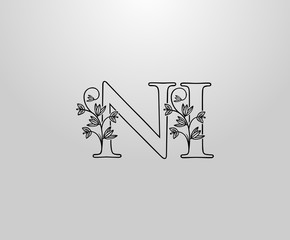 Beautiful N, I and NI Letter logo. Graceful Floral Flower Alphabet Mark for book design, letter stamp, weeding card, Restaurant, Boutique, Hotel.