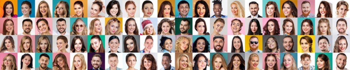 collage of happy smiling faces of people. Happy men and women expressing different positive...