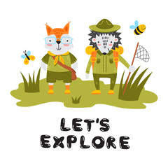 Baby animals in scout uniform. Nursery poster