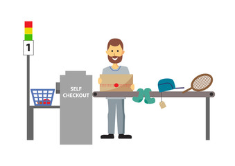 Self-service cashier or terminal. Man customer shopping in self checkout supermarket.
