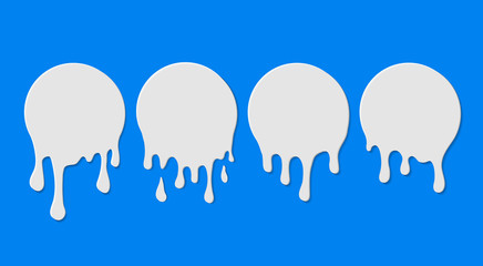 White milk drops. Splash milkshake drips on isolated background. Circle shape of dairy element. Caramel droplets silhouette. Flowing down paint blobs, yogurt or cream dripping fluid texture. vector.