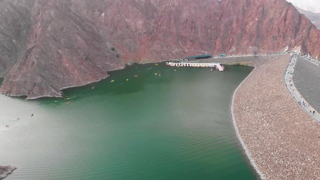 Hatta dam lake scenic travek spot famous for kayaking in Dubai emirate of United Arab Emirates aerial view