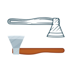 Axe. Wood chopping tool. Realistic and hand drawn ax vector illustrations set. Part of woodworking tools collection. 