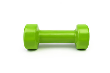 green dumbbell isolated on a white background, sports equipment, bodybuilding