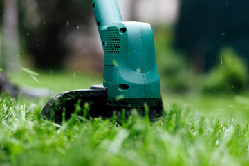 Fototapeta premium Mowing grass with electric trimmer