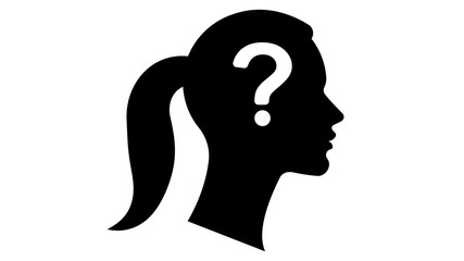 Silhouette of a woman's face with a question mark. The concept of a difficult decision, many questions, lack of knowledge, problems and misunderstandings. Vector illustration.