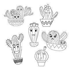 Modern fun cactus coloring book, great design for any purposes. Doodle icon on white backdrop. Line drawing. Doodle illustration. Pattern Outline Cartoon cactus emotions happiness, sadness, surprise