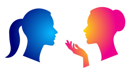 consultation: two women of different ages. Silhouettes of women who share tips, secrets and information. The concept of conversations, training, psychoanalysis, female friendship.