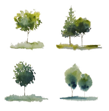 Collection of green hand painted elements isolated on white background. For interior or clothes design in modern style. Landscapes, sketch of watercolor trees. Brush strokes, liquid ink, lines 