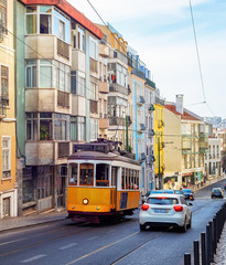 Plakat yellow tram, Lisbon street, Portugal