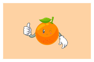 WINK, SMILING, Face. Thumb Up, Agreement Gesture. Mascot Vector Illustration. Orange Citrus Fruit Cartoon.