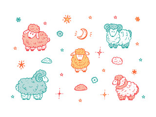 Good night Set for Kids. Hand drawn Doodle Cute Sheep, Rams and Lambs with Stars, Moon, Clouds, Flowers. Sweet Dreams Vector illustration