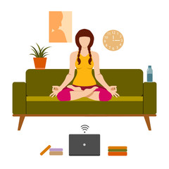 Female cartoon character practicing Hatha yoga. Woman doing workout indoor. Sport exercise at home. Yoga and fitness, healthy lifestyle. Flat vector illustration. Yogi woman in Ardha padmasana 